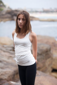 BondiEco white stretch racer in bamboo. Sustainable and great for sensitive skin.