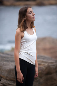 BondiEco white stretch racer in bamboo organic cotton. Sustainable and great for sensitive skin.