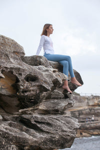 BondiEco Bamboo, organic cotton, leggings.  Light Blue. High waisted, slimming. Perfect for yoga and pilates.